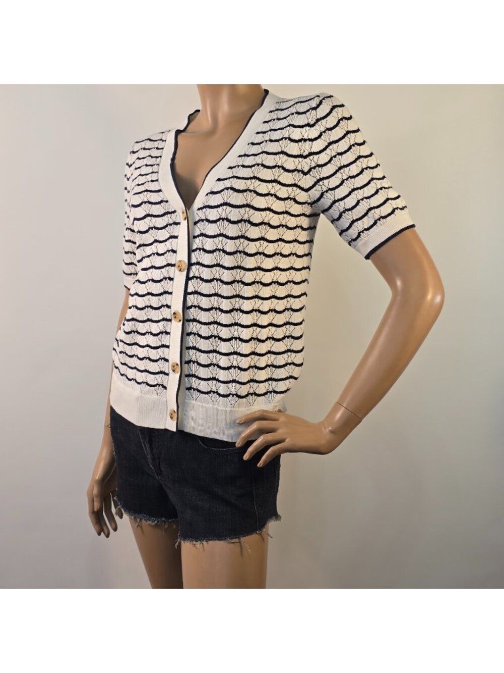 J Crew Short Sleeve Pointelle V-Neck Cardigan Sweater Sz S Academia Preppy $89